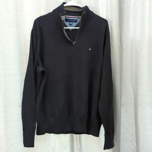 Men's Tommy Hilfiger black pullover quarter zip sweater. Size large